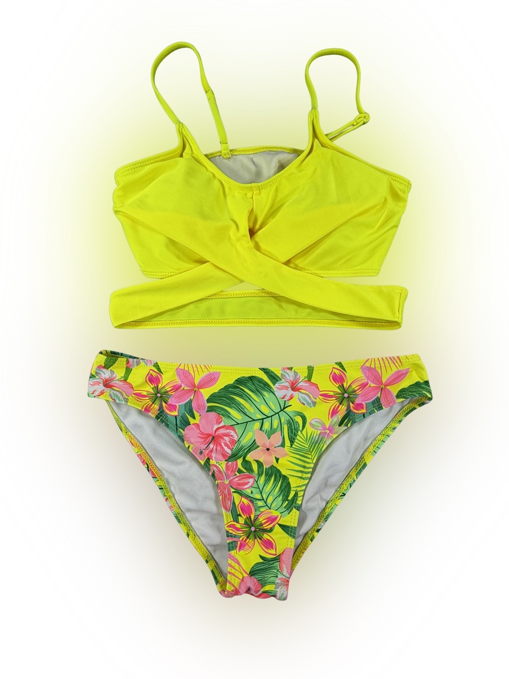 Girl’s Kids Neon Yellow Tropical Floral Two Piece Swimsuit Bikini Size 12